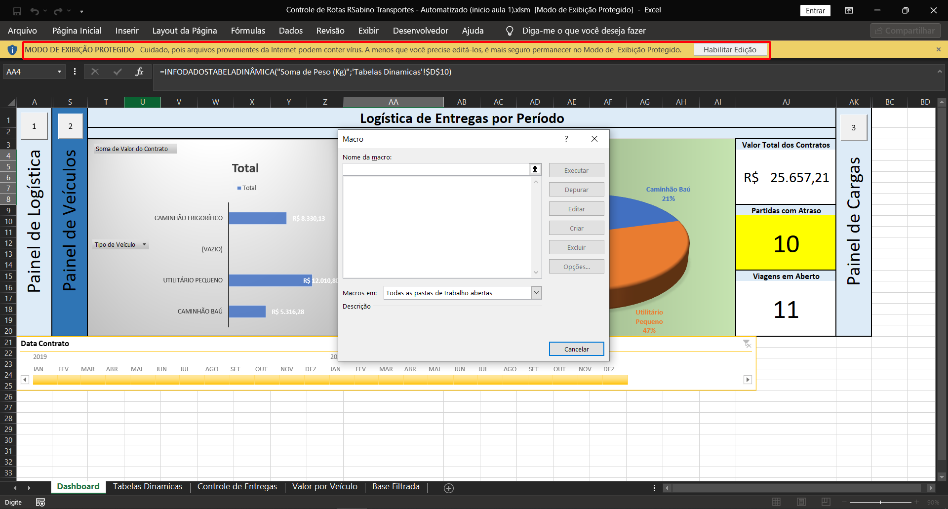 Excel 2019 aberto no modo de exibição protegido, com mensagem de segurança e botão de habilitar edição. Nesse modo, as macros salvas no Excel não ficam visíveis para o usuário