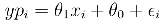 y_p_i igual a theta 1 vezes x_i mais theta 0 mais epsilon_i