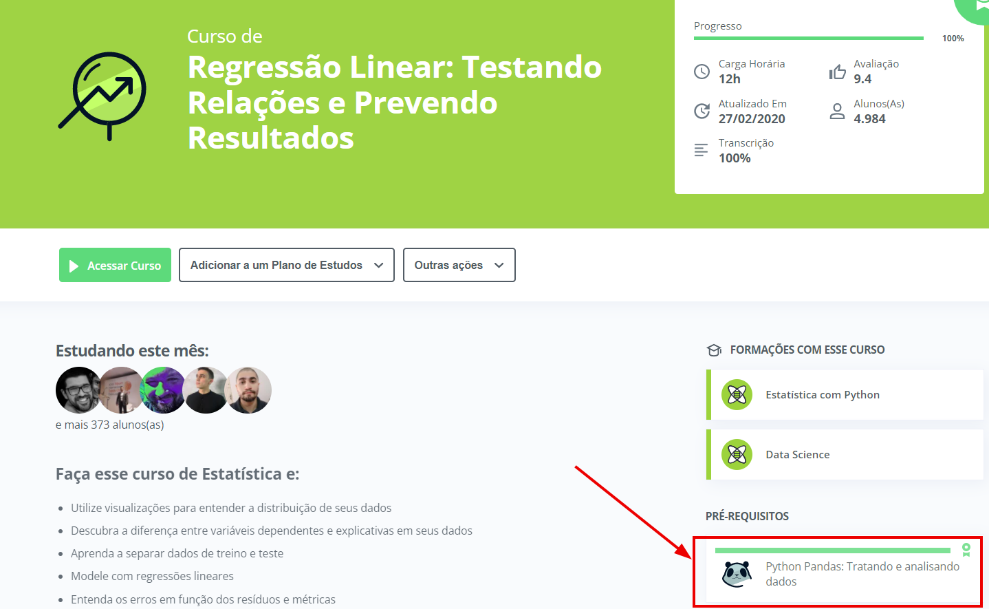 Página inicial do curso de Regressão Linear: Testando Relações e Prevendo Resultados com o destaque em uma seta vermelha do curso pré-requisito Python Pandas