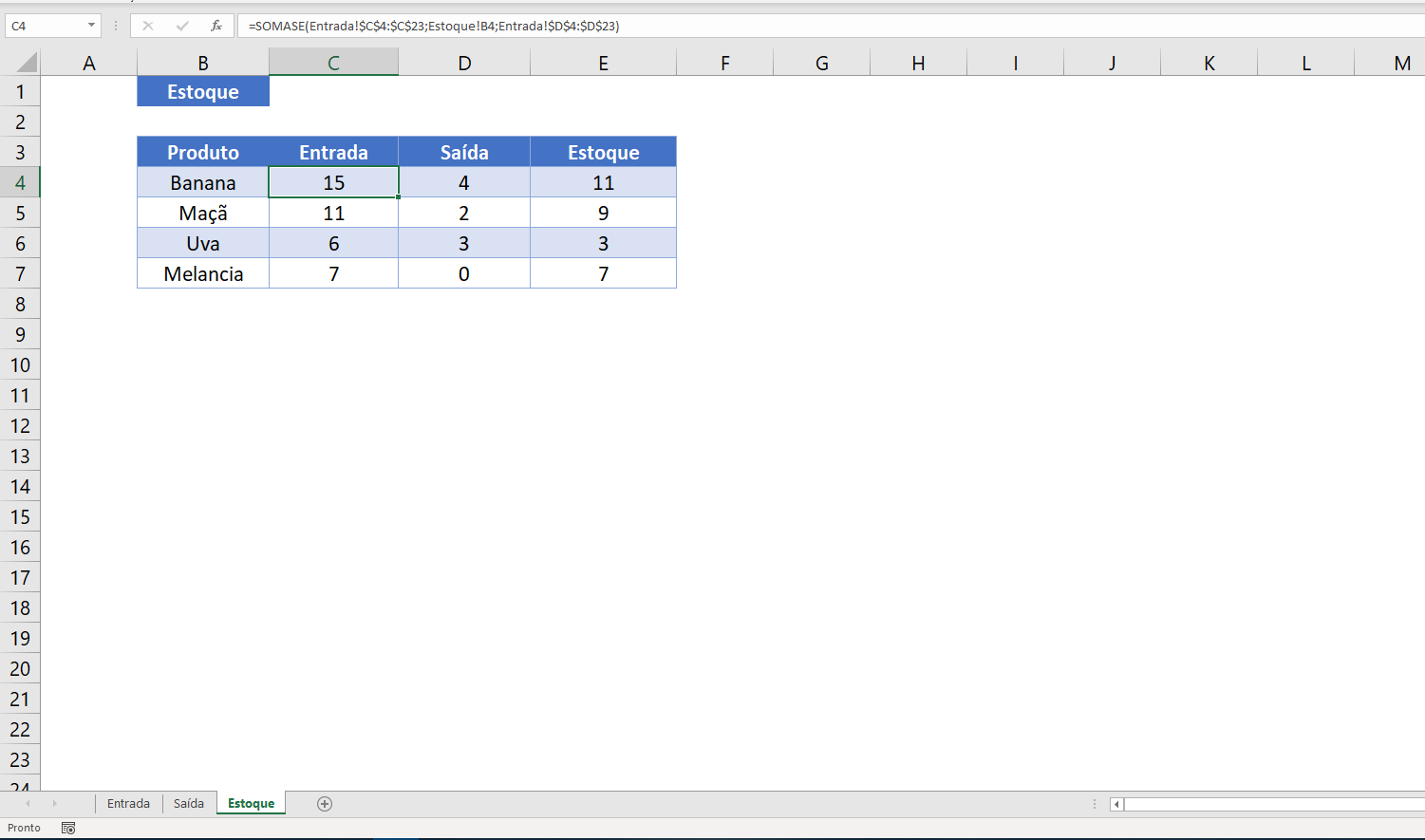 Planilha do Excel com informações do estoque dos produtos, uma coluna para o nome dos produtos , uma coluna com a entrada de produtos, uma coluna para saída dos produtos e outra para o estoque calculado pela subtração entre a entrada e saída