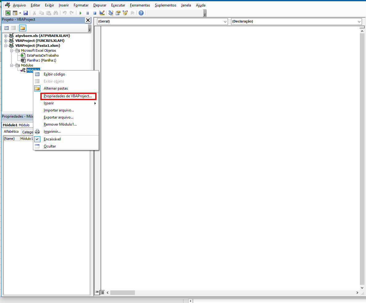 Ambiente Visual Basic for Applications do Excel, com destaque para opção Propriedades de VBAProject que pode ser encontrada na aba ferramentas ou em um menu suspenso ao clicar com o botão direito em cima de um módulo de código