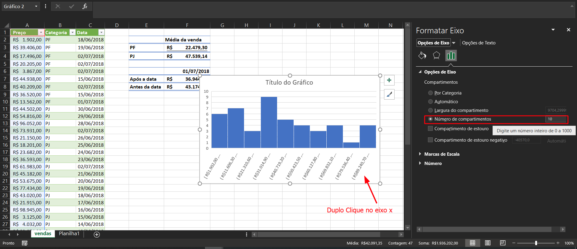 Modificando a quantidade de compartimentos em um histograma no Excel 2019, ao dar um duplo clique no eixo x do gráfico, as opções de gráficos será aberta na seção direita do programa