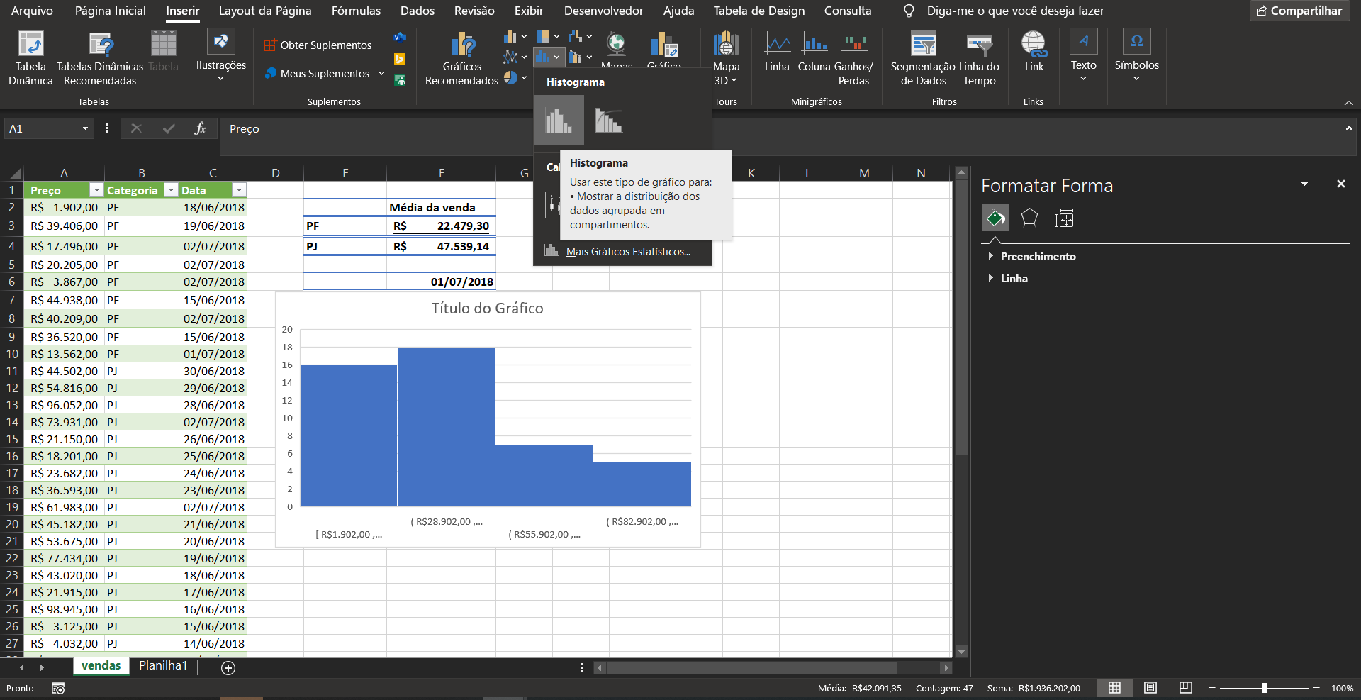 Inserir histograma no Excel 2019 através da opção gráficos estatísticos e opção histograma