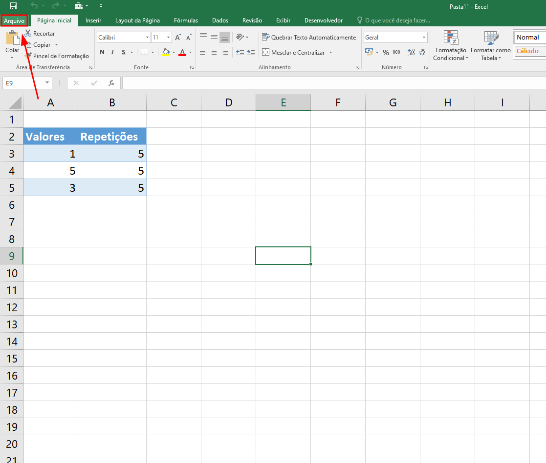 Planilha do Excel 2016, selecionar a aba Arquivo