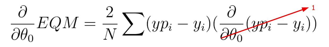 derivada parcial de EQM em relação a theta 0 é igual a 2 sobre N vezes o somatório de y_i menos y_p_i multiplicado pela derivada parcial de y_p_i - y_i em relação a theta 0. A derivada parcial de  y_p_i - y_i em relação a theta 0 é igual a 1