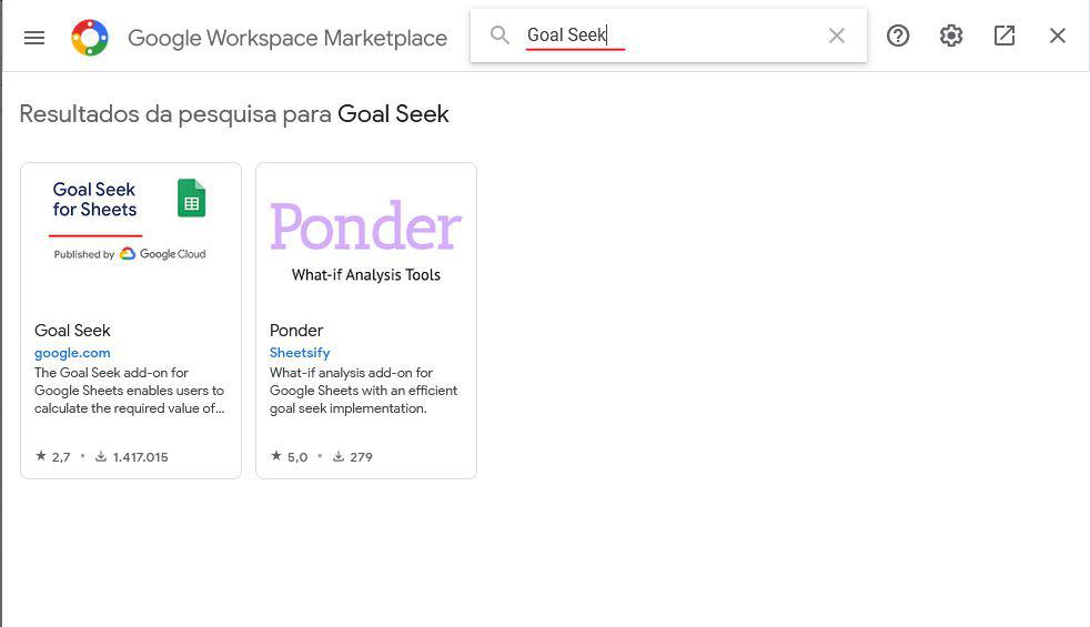Pesquisando o Goal Seek na aba de pesquisa de complementos do Google Sheets