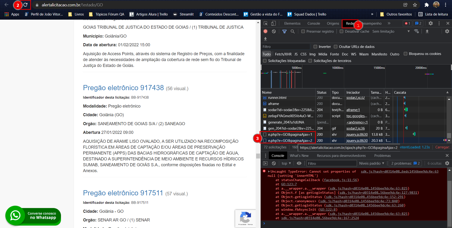 Página de licitações com estado de Goiás com a aba de inspeção de elementos aberta na seção Rede. Há o destaque da aba Rede, o botão de atualizar a página e os links de uma API enumerados de 1 a 3