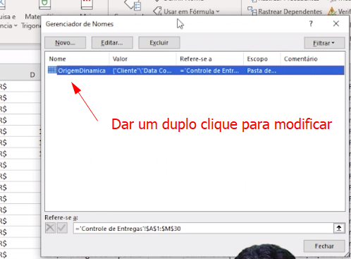 Modificar intervalo no gerenciador de nomes do Excel