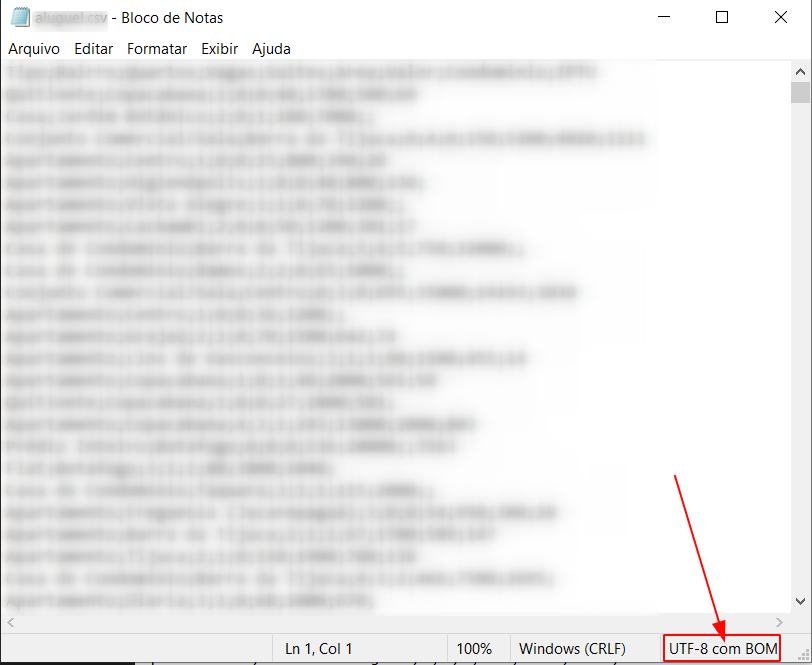 Informação do encoding arquivo csv em um bloco de notas
