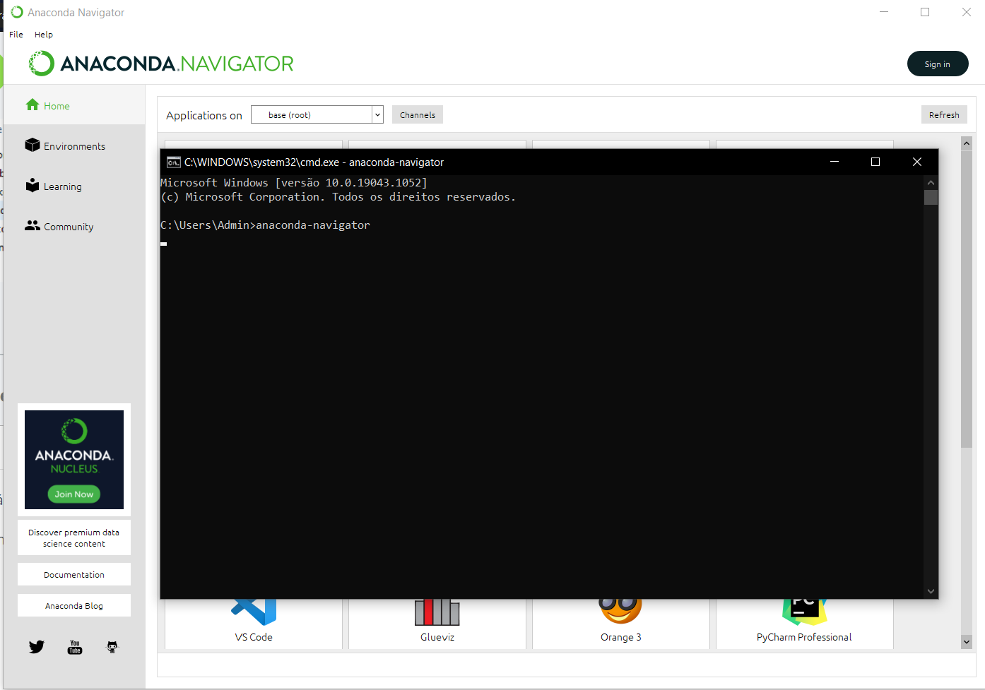 Abrindo o Anaconda Navigator através do prompt de comando