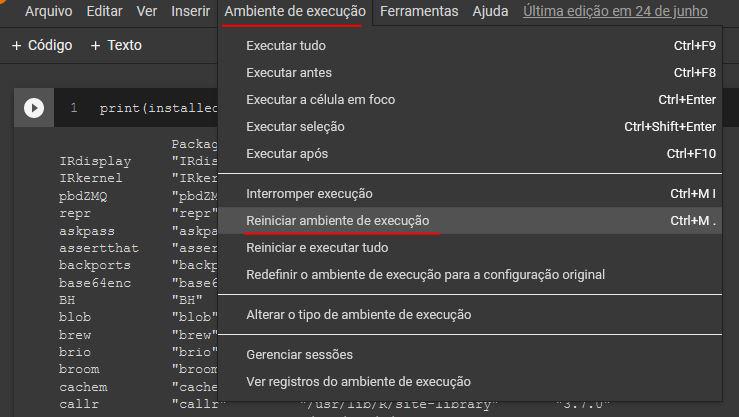 Reiniciar ambiente de execução no Google Colaboratory