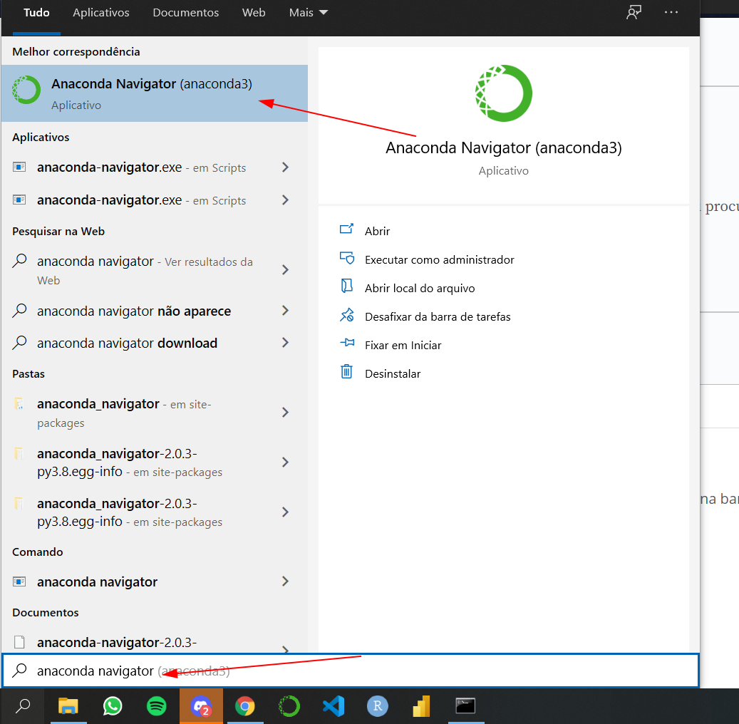 Pesquisar anaconda navigator na barra de pesquisa windows