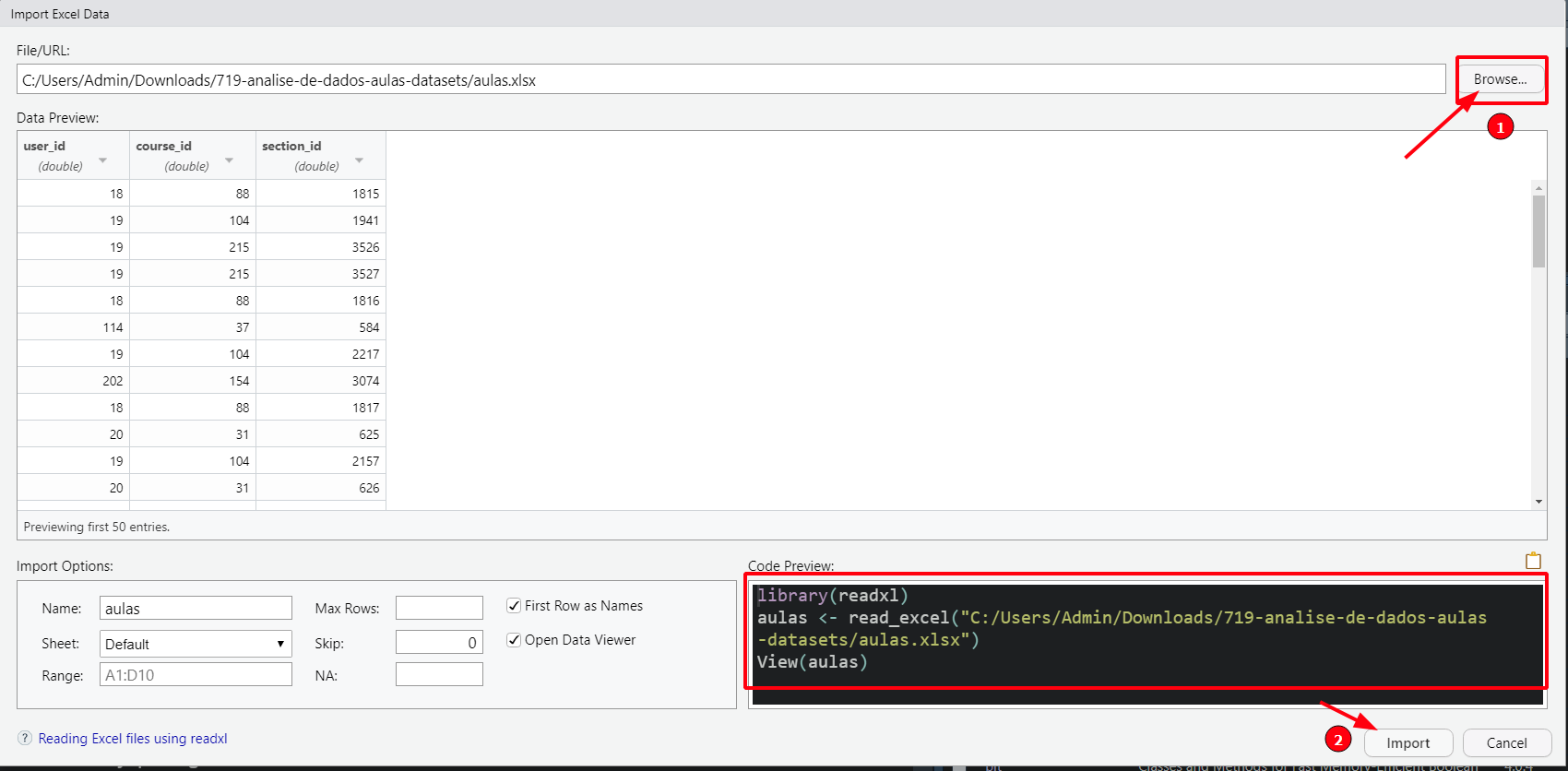 Aba Import Excel Data no Rstudio, com opção de selecionar o arquivo na opção Browse, pré visualização dos dados e código que é utilizado para a importação