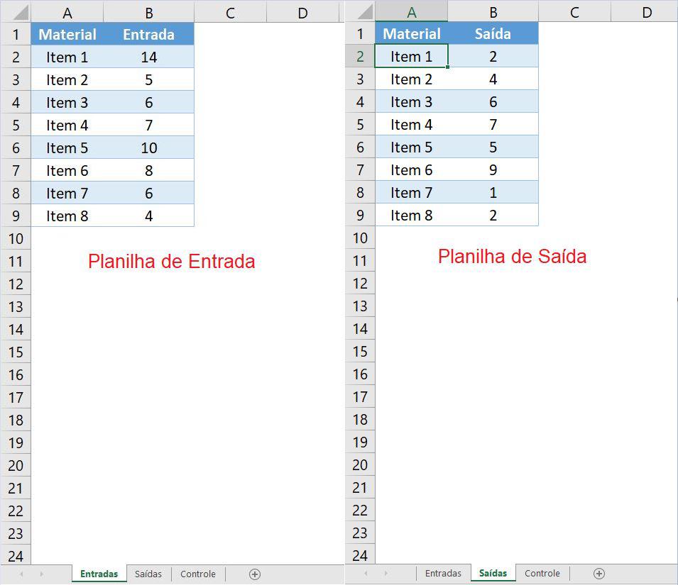 Exemplo de planilhas de entrada e saída de materias no Excel, com 8 materias e respectivos valores de entrada e saída aleatórios