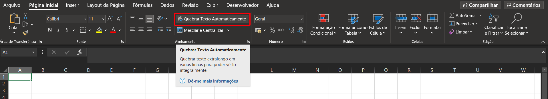 Opção de quebrar texto automaticamente em destaque no menu superior do Excel 365, disponível na Aba Página inicial, na seção Alinhamento