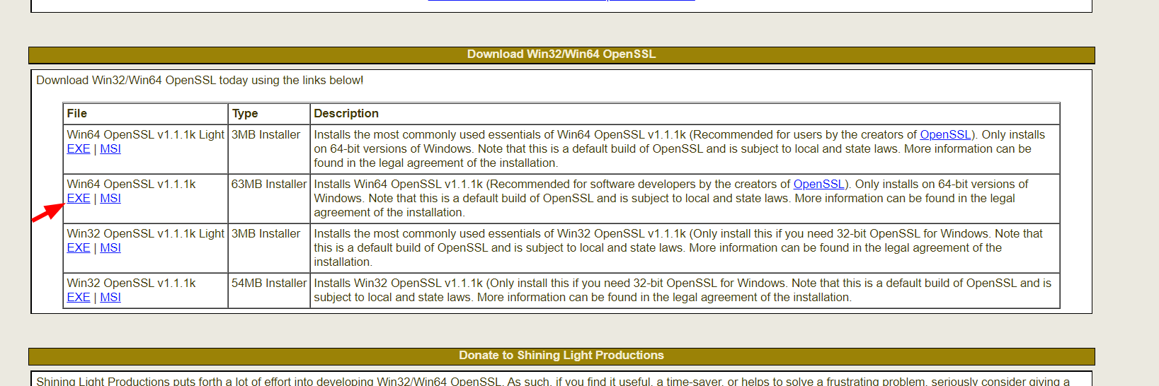 Botão para download do OpenSSL