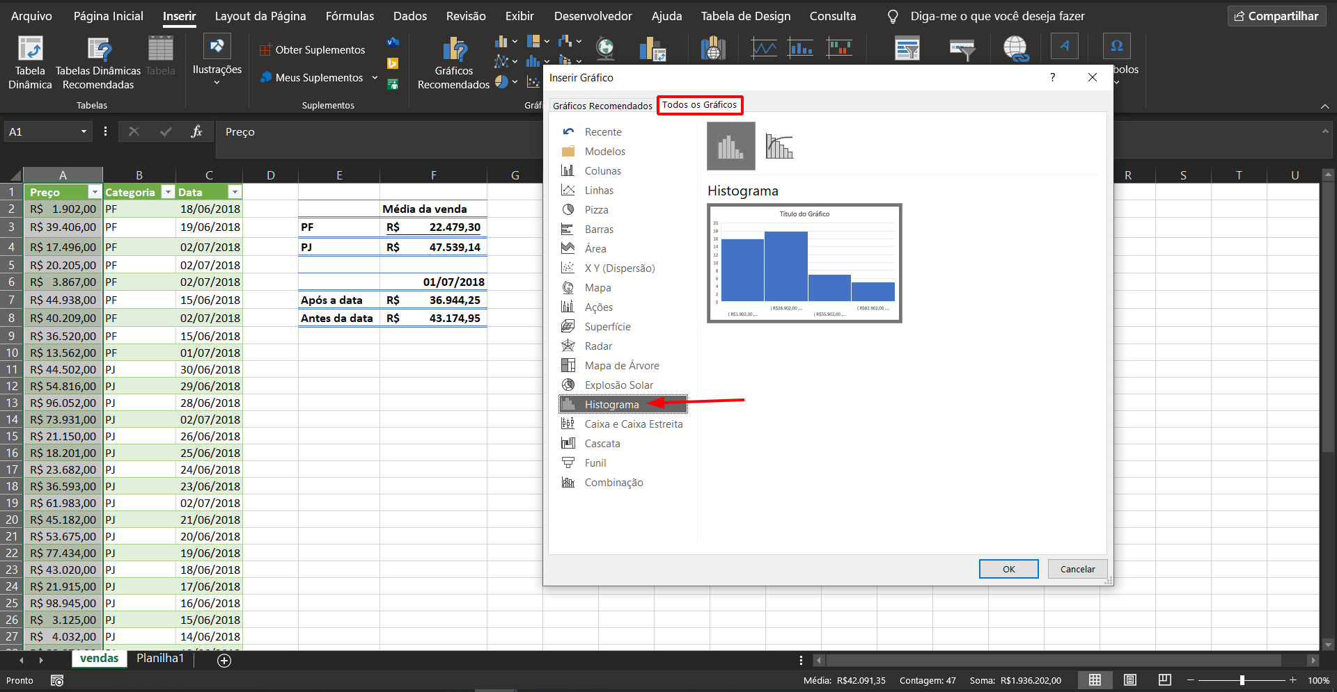 Inserir histograma no Excel 2019 através da opção gráficos recomendados e selecionar a aba todos os gráficos