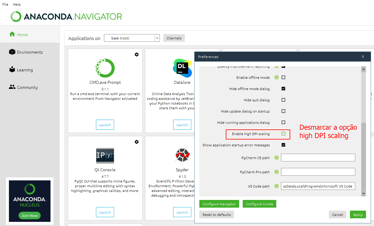 Desabilitar opção DPI Scale no Anaconda Navigator