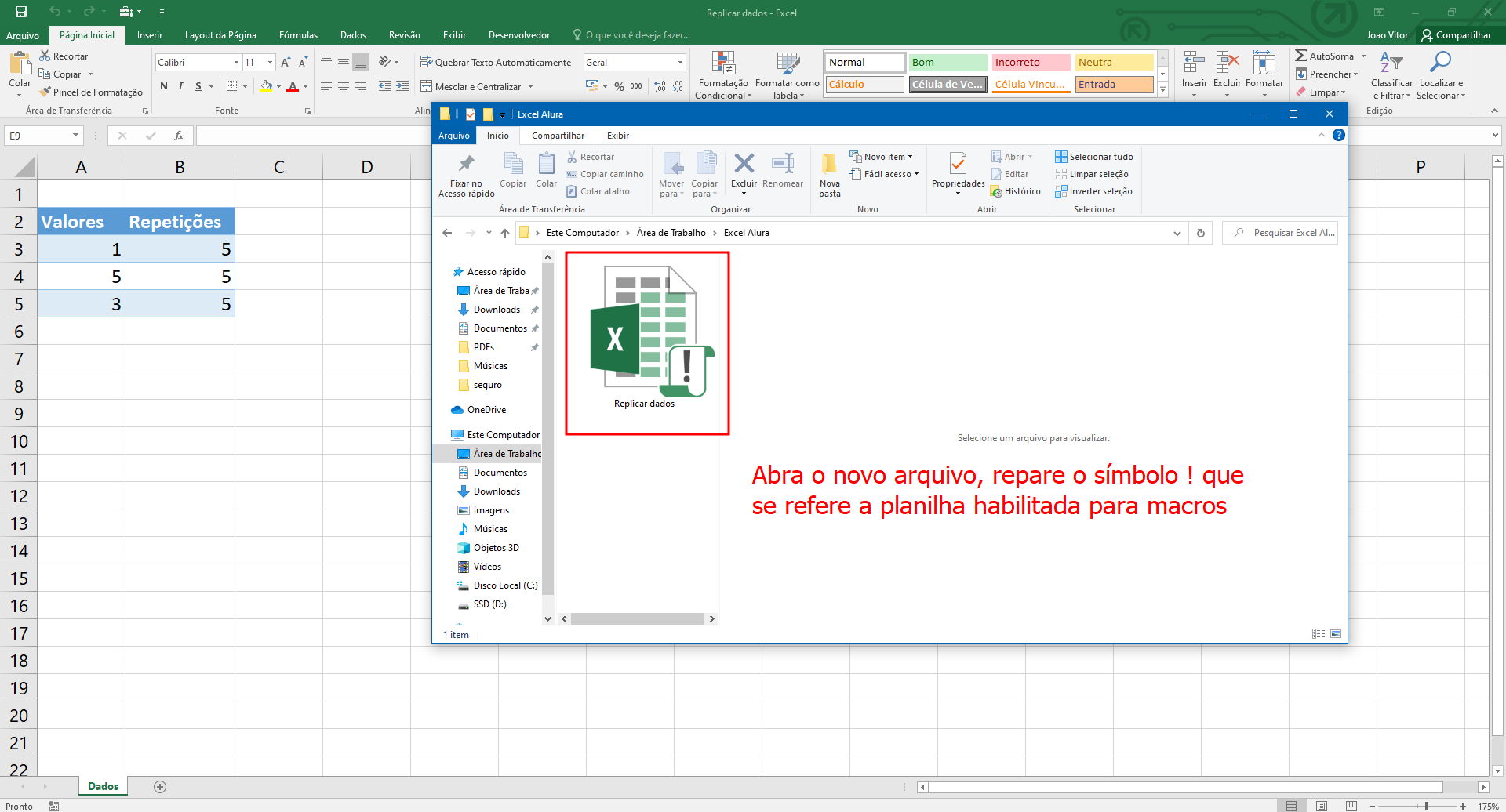 Ícone de pasta de trabalho habilitada para macros no Excel 2016