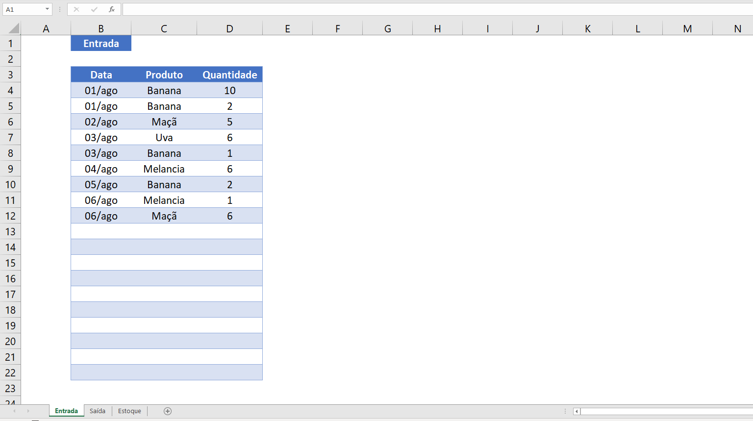 Planilha do Excel com informações de entrada de produtos, uma coluna para datas, outra para nome do produto e outra coluna para quantidades