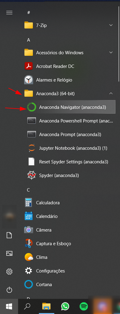 Anaconda Navigator no menu iniciar windows 10