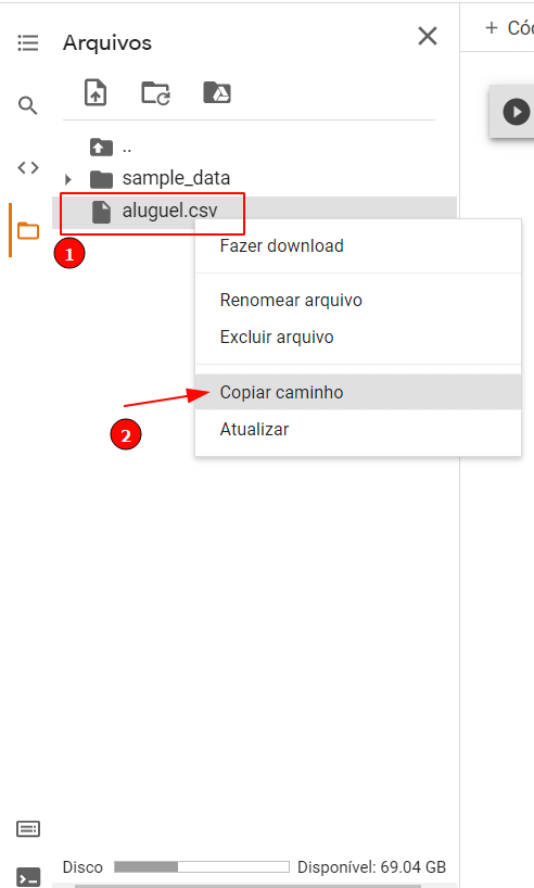 Copiar caminho do arquivo Google Colab
