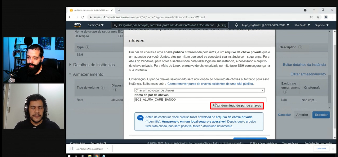 Realizar o download do par de chaves na Amazon AWS no momento que está criando a instância do servidor. A imagem foi retirada da aula 01 - Atividade 04: Criando um servidor na nuvem no minuto 22:50