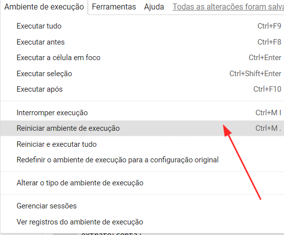 Reiniciar ambiente de execução Google Colab