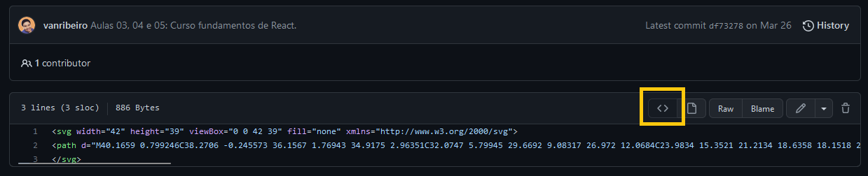 Imagem mostrando o código svg e destacando a opção Display Source Blob do GitHub
