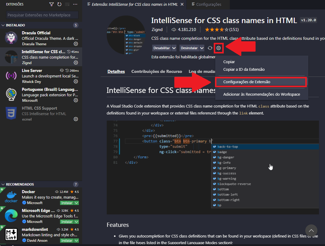 Ícone de configurações > Configurações de extensão