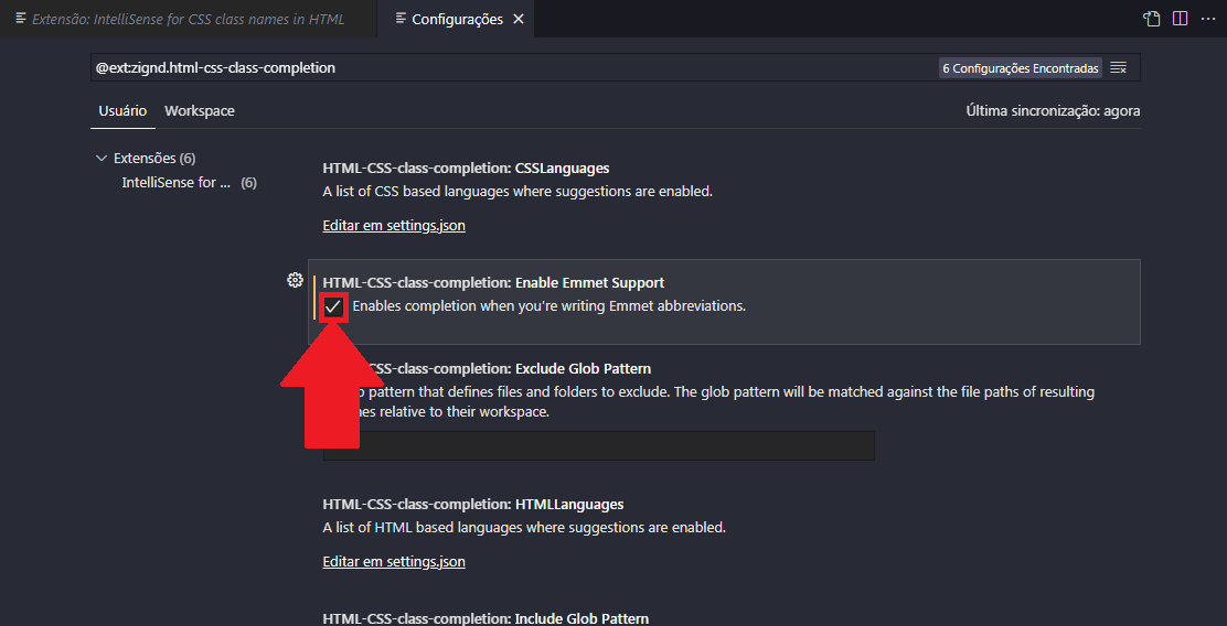 Marque a caixa: HTML-CSS-class-completion: Enable Emmet Support