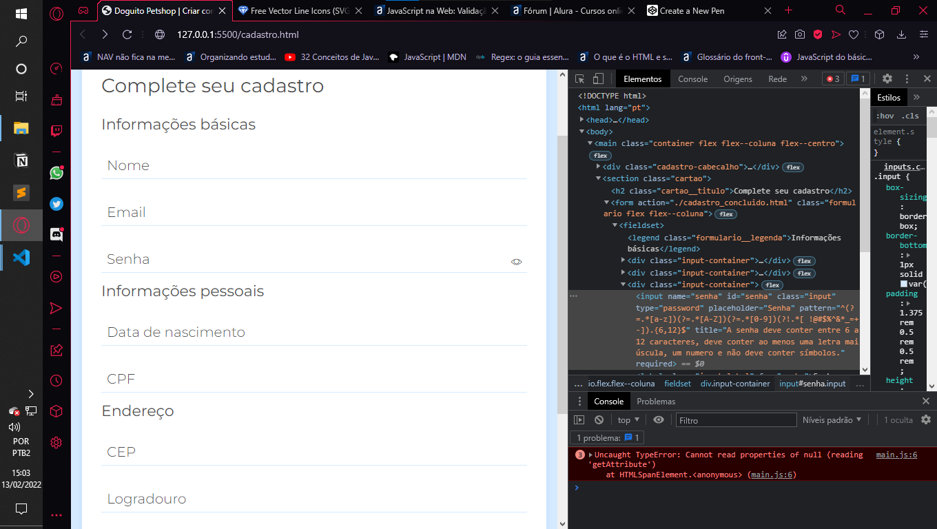 Captura de tela demonstrando a página Doguito Petshop com as ferramentas de desenvolvedor aberta. Nela está sendo exibida um erro na linha 6 do main.js
