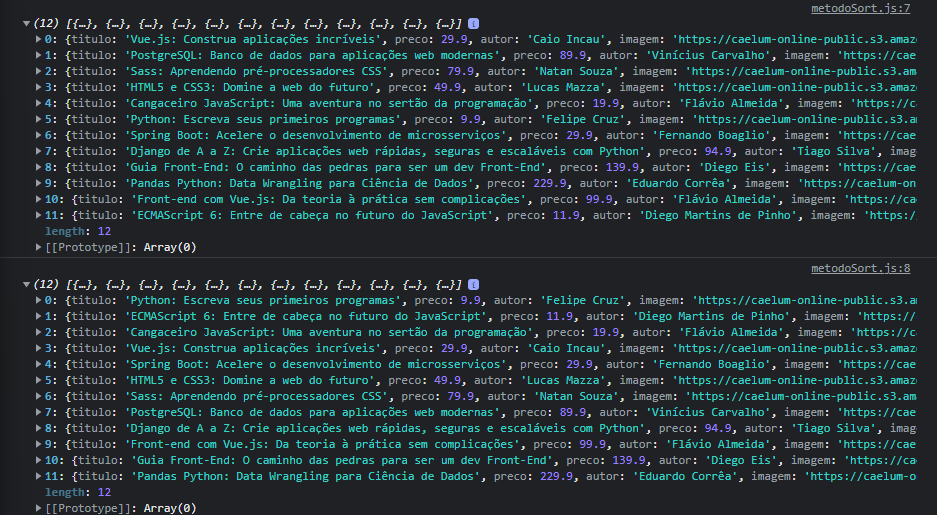 console log do array de livros e do array de livos ordenados por preço