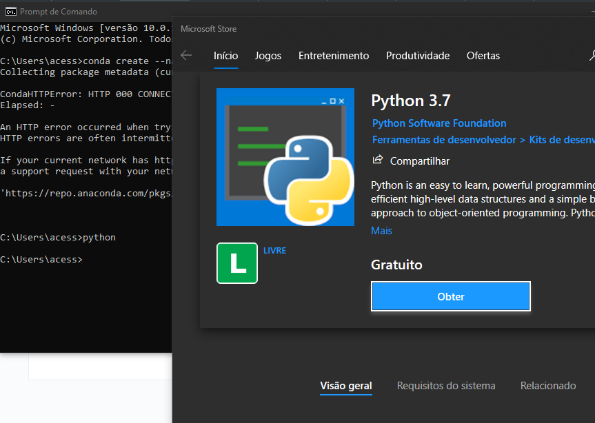 Prompt abre Python em Microsoft Store