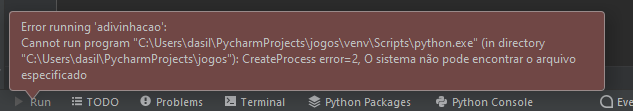 Imagem da mensagem de erro: CreateProcess error=2, O sistema não pode encontrar o arquivo