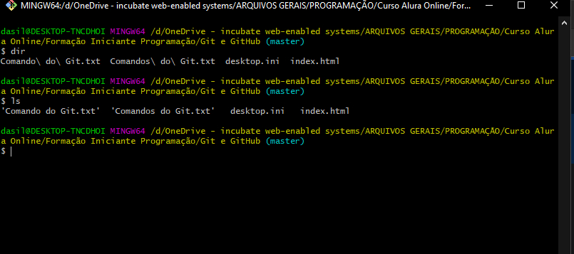 Imagem do comando dir e ls no Git Bash