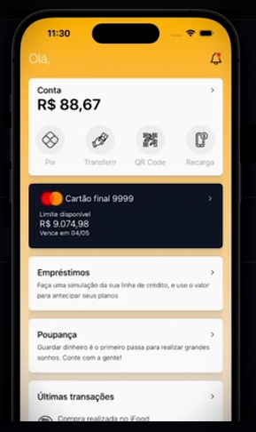 Tela inicial de aplicativo de banco digital em smartphone exibindo informações de conta, como saldo disponível, ferramentas de transações como Pix, Transferir e QR Code, detalhes de cartão de crédito e opções de empréstimo e poupança. O fundo da tela é amarelo e as informações estão divididas em seções retangulares brancas. As informações de pix, transferência, QR Code e Recarga são representadas por ícones cinza dentro da seção "Conta". As informações do cartão estão em um retângulo destacado em azul-escuro.