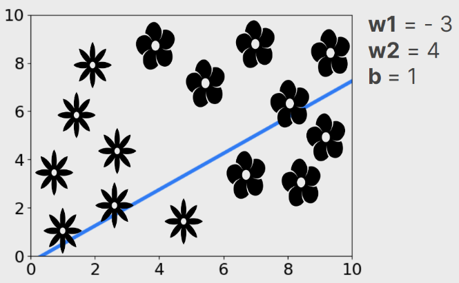 Gráfico cartesiano intitulado "Perceptron", gerado a partir dos valores: w1 = -3; w2 = 4; e b = 1. O gráfico cartesiano está representado em um retângulo. O eixo x está graduado de 0 a 10, com intervalos de 2. O eixo y está graduado de 0 a 10, com gradações de 2. Uma reta diagonal sai da origem e atravessa o retângulo até o ponto em que y vale aproximadamente 7. Dentro do retângulo há flores do tipo 1 e do tipo 2, mas a reta não separa adequadamente os grupos, de modo que, acima e abaixo dela, temos flores dos dois tipos
