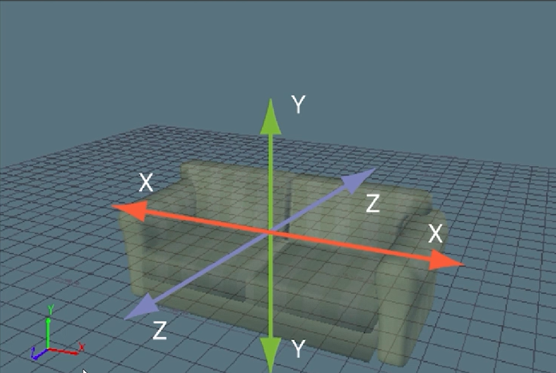 Ilustração 3D de um sofá. Uma linha vertical na cor verde indica o eixo Y; mma linha diagonal na cor laranja indica o eixo X e uma linha diagonal azul indica o eixo Z. 