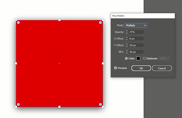 Quadrado vermelho e janela de configuração da funcionalidade Drop Shadow.