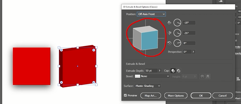 Quadrado vermelho e janela de configuração da funcionalidade Extrude & Bevel