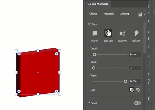 Quadrado vermelho e janela de configuração da funcionalidade 3D and Materials