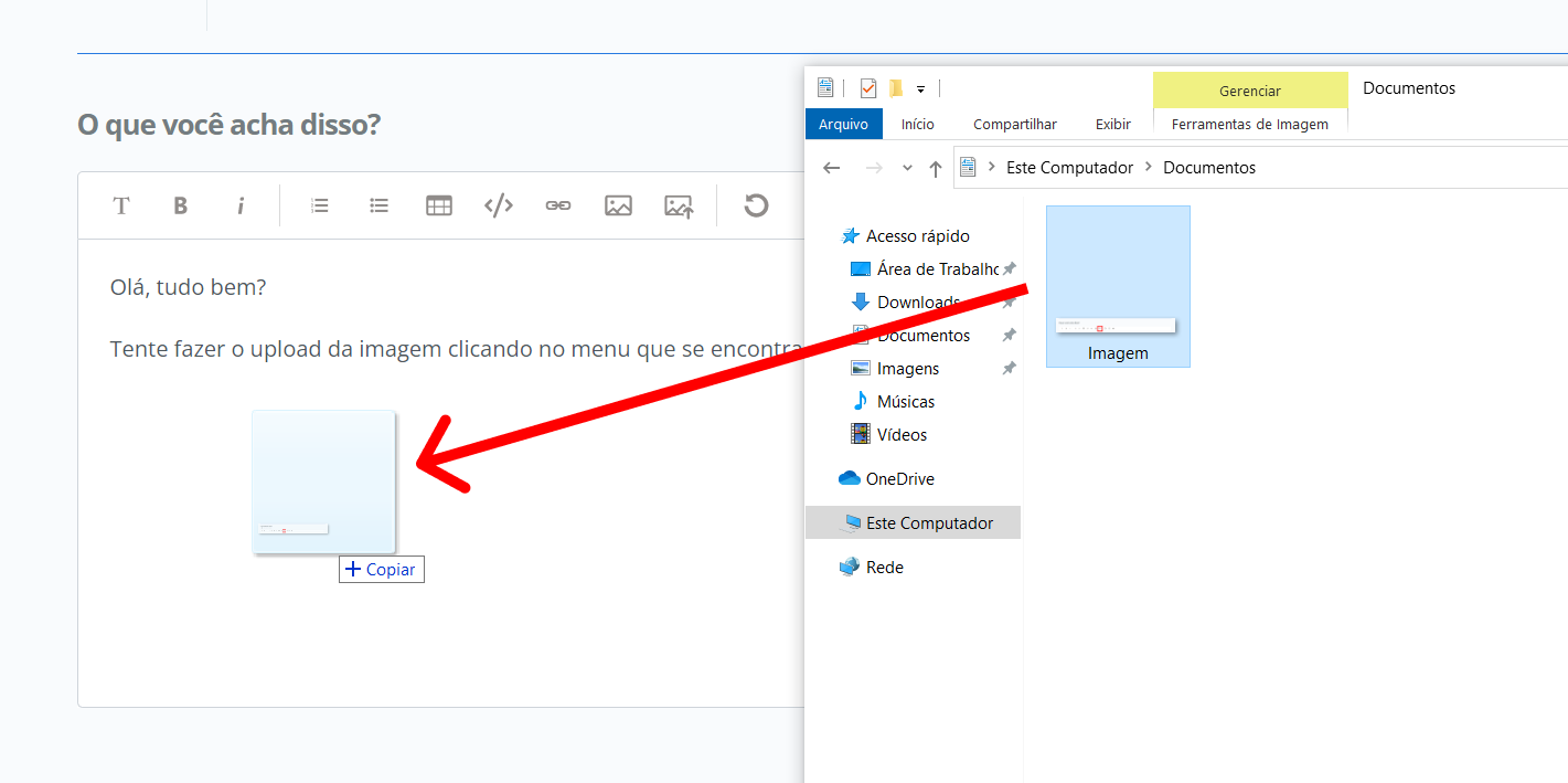 Imagem mostrando uma imagem sendo clicada e arrastada para dentro do campo de texto, e em seguida exibindo um texto escrito "copiar", indicando que a imagem será copiada para dentro do campo