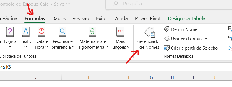 Print da tela do Excel com setas apontando para guia fórmulas e para o gerenciador de nomes