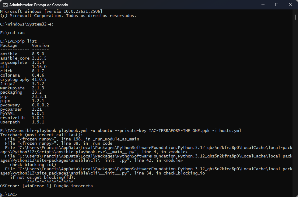 Imagem do prompt com erro no comando asinble-playbook