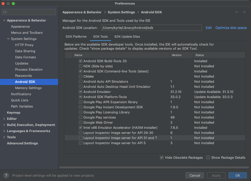 Página de preferências do Android Studio na aba de Android SDK