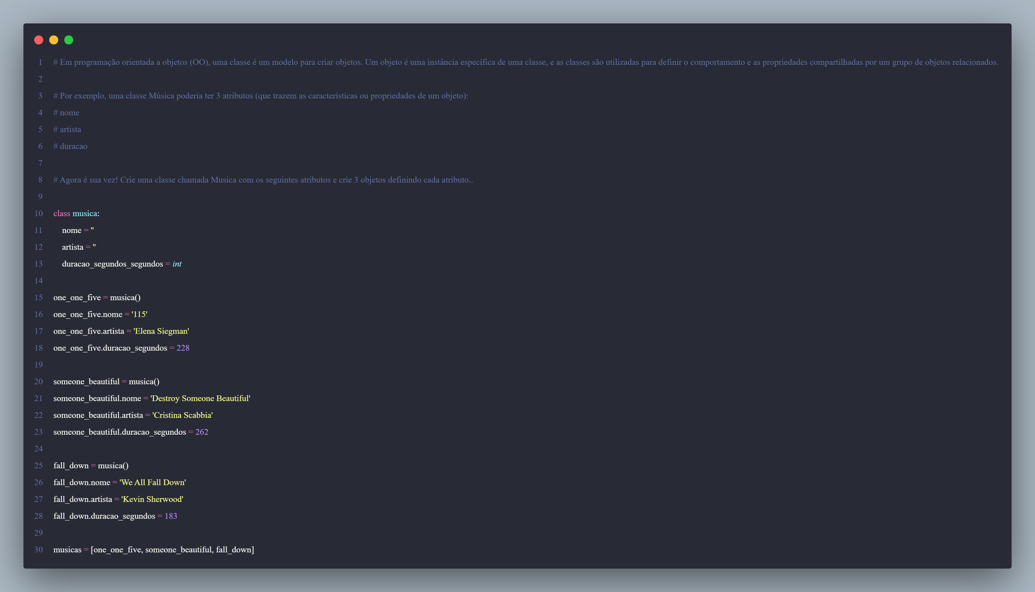 Meu código da prática "Classe Música"
