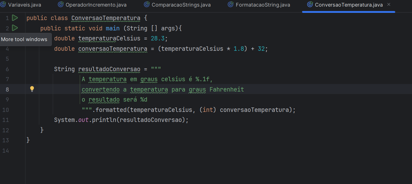 Resolução do desafio de conversão de temperatura com uso de duas variáveis double e uma variável String com text blocks usando o método formatted