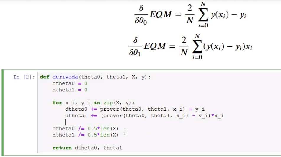 Fórmula para calcular os gradientes de theta0 e theta1 da regressão linear simples