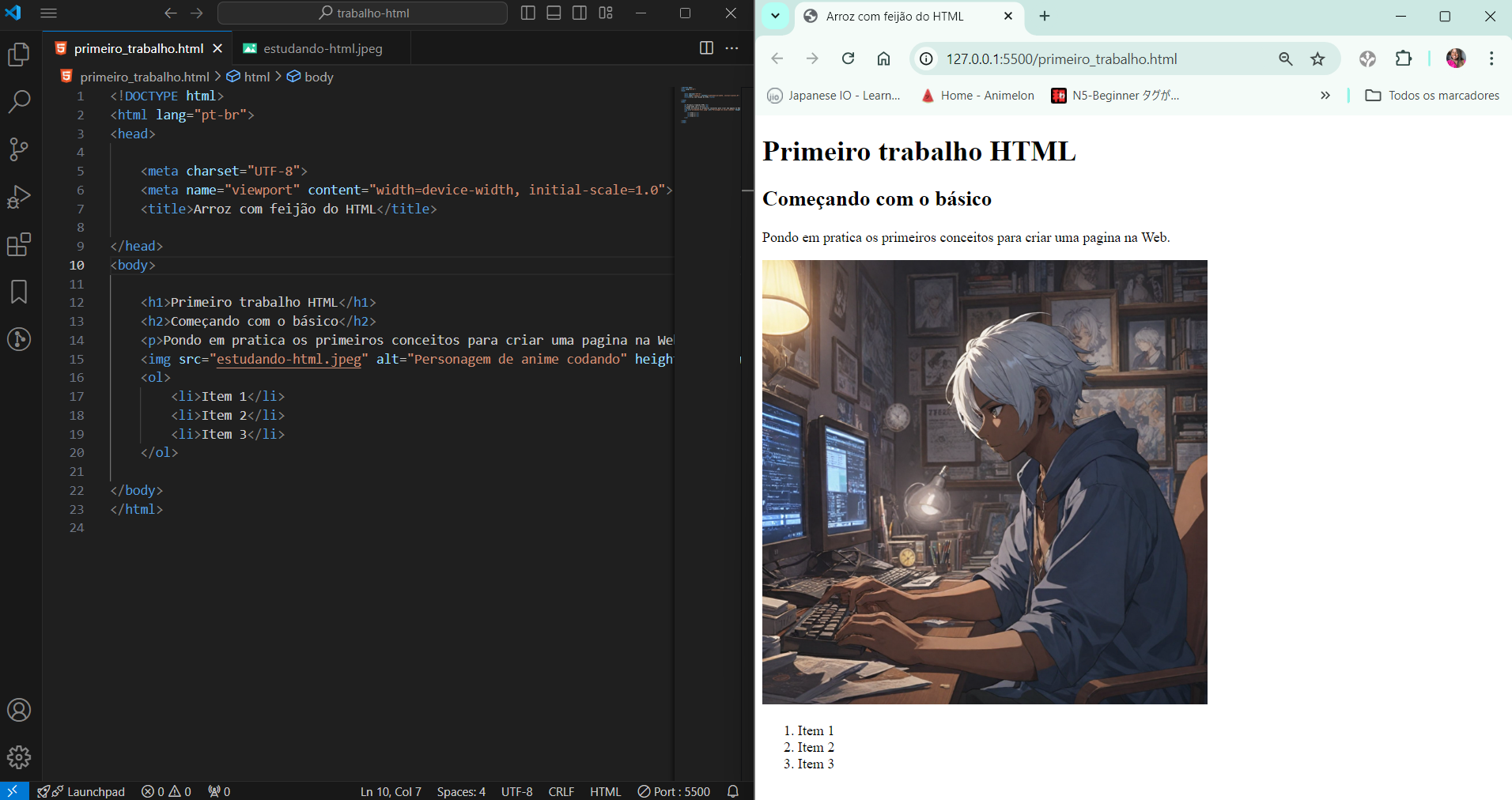 Um print mostrando codigo em html e como ele é apresentado no navegador